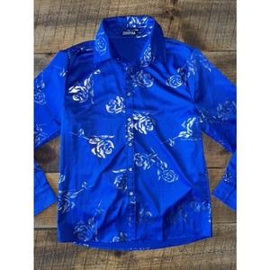 ZEROMAN Royal Blue Floral Satin Button-Down Shirt
